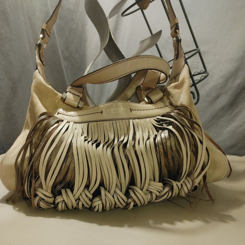 Katherine Kwei Handbag Fringe Leather Canvas Shoulder Bag Beige Metallic Brown